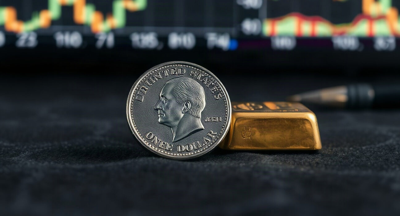 US dollar coin and gold bar side by side symbolizing debt and gold as a hedge