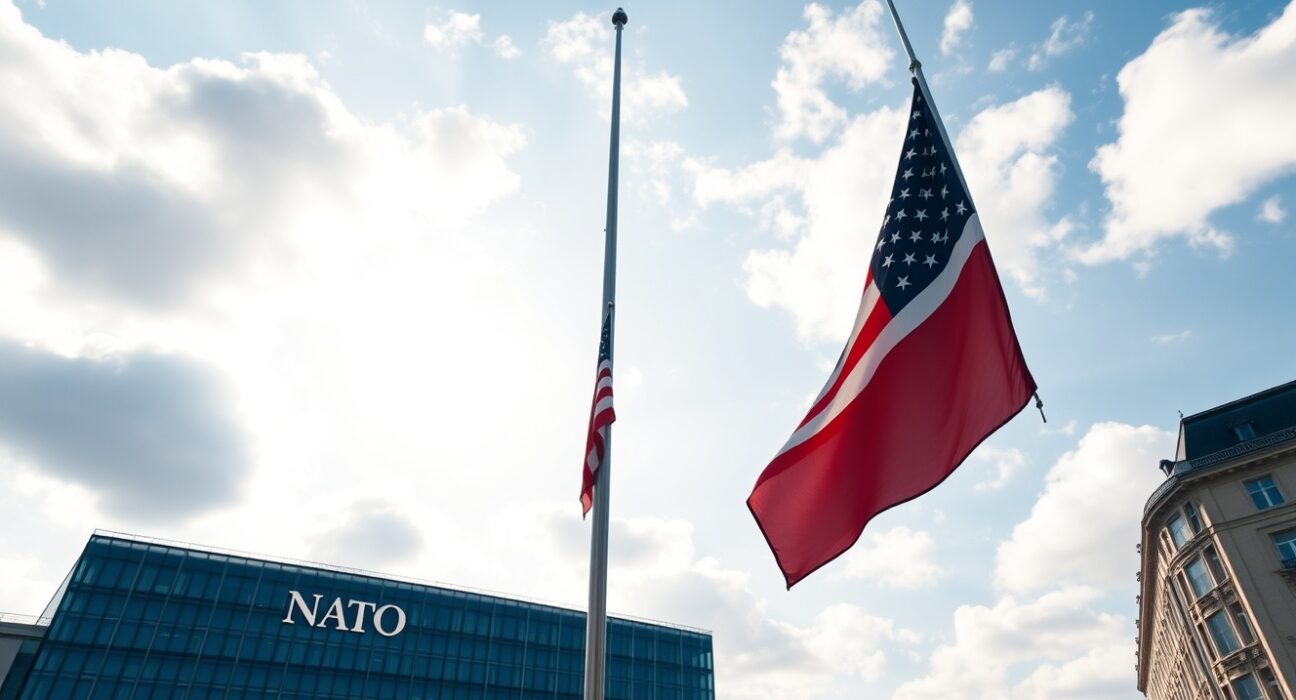 NATO headquarters with US flag at half-mast symbolizing potential alliance withdrawal.