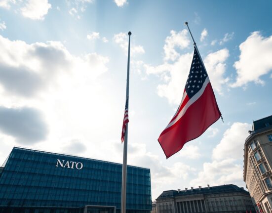 NATO headquarters with US flag at half-mast symbolizing potential alliance withdrawal.