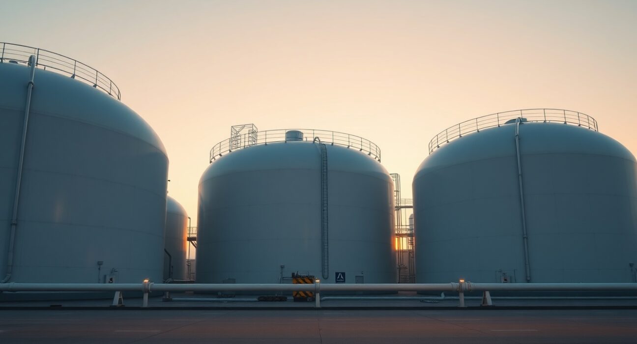 Aerial view of natural gas storage tanks at an industrial facility at dusk.