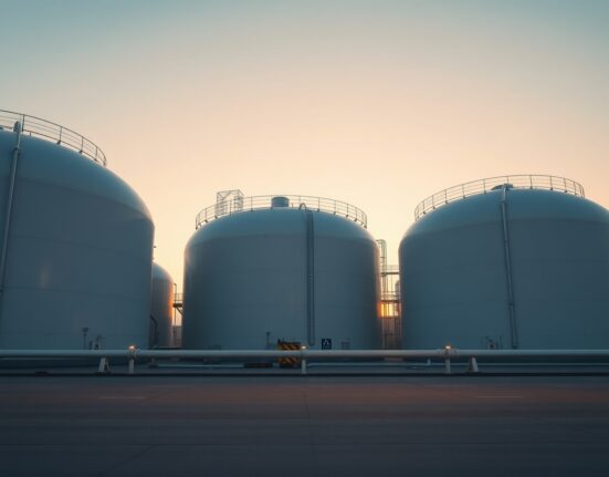 Aerial view of natural gas storage tanks at an industrial facility at dusk.