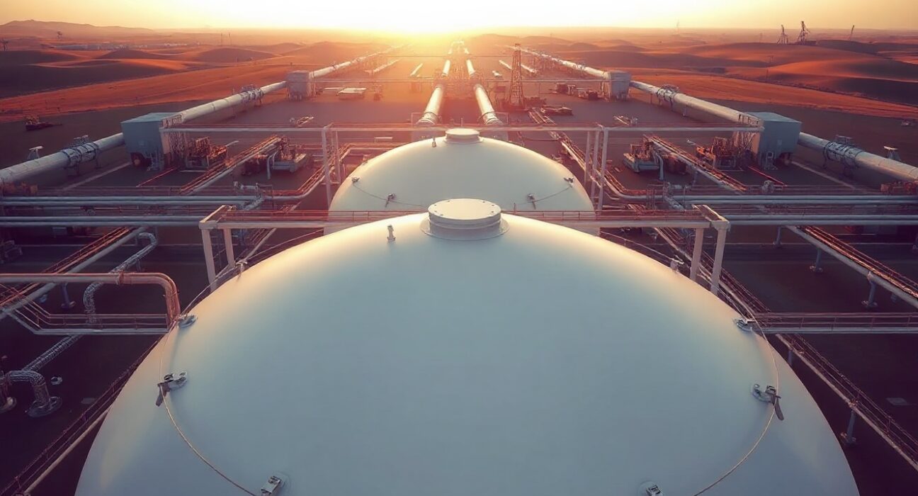 Panoramic view of a natural gas storage facility at sunrise with storage tanks and pipelines