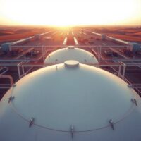 Panoramic view of a natural gas storage facility at sunrise with storage tanks and pipelines