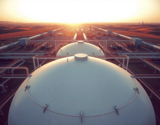 Panoramic view of a natural gas storage facility at sunrise with storage tanks and pipelines