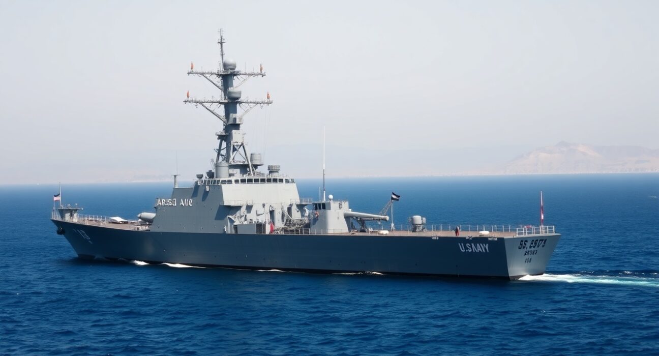 U.S. Navy destroyer enforcing the naval blockade in the strategic Gulf of Oman waterway.