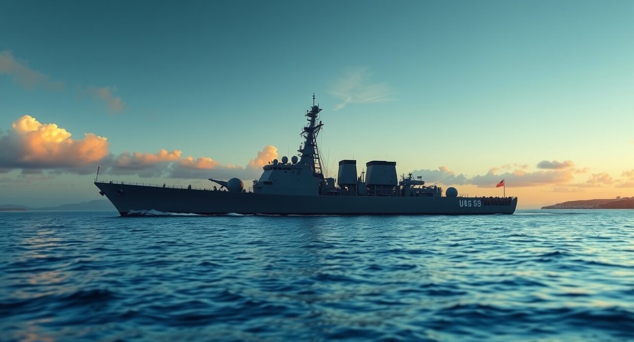 US Navy warship patrolling near Iranian coastline at dusk