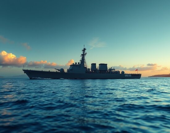 US Navy warship patrolling near Iranian coastline at dusk