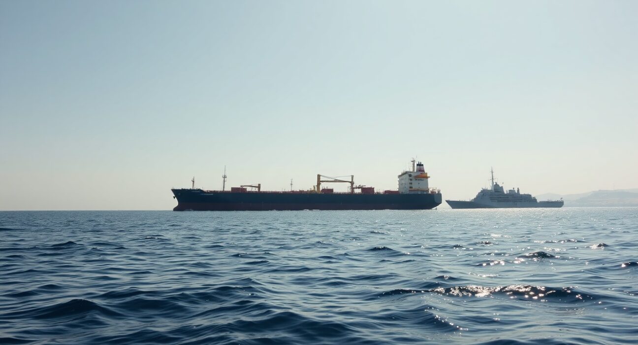 A VLCC oil tanker escorted by the US Navy in the Strait of Hormuz under clear skies.