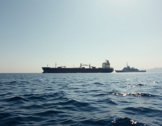 A VLCC oil tanker escorted by the US Navy in the Strait of Hormuz under clear skies.