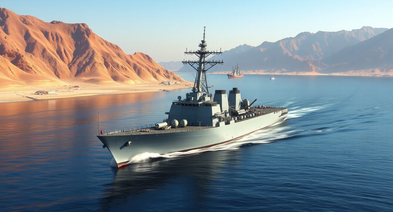 US Navy destroyer transiting Strait of Hormuz without Iranian coordination during regional tensions