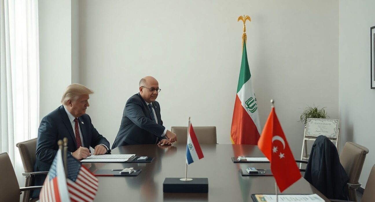 Diplomats shaking hands at a negotiation table with flags, representing US-Iran Hormuz deal talks.