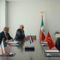 Diplomats shaking hands at a negotiation table with flags, representing US-Iran Hormuz deal talks.