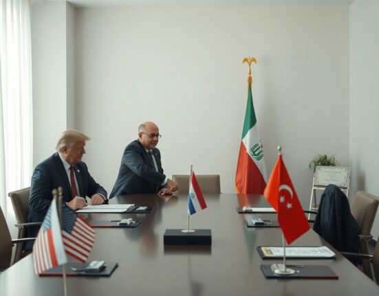 Diplomats shaking hands at a negotiation table with flags, representing US-Iran Hormuz deal talks.
