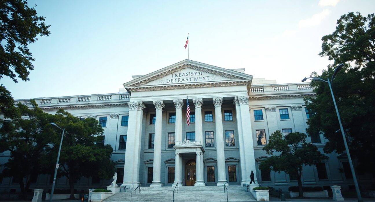 US Treasury Department building in Washington, D.C., representing international capital flows data.
