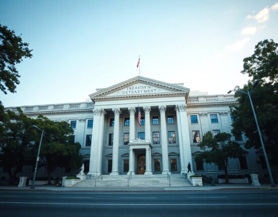 US Treasury Department building in Washington, D.C., representing international capital flows data.