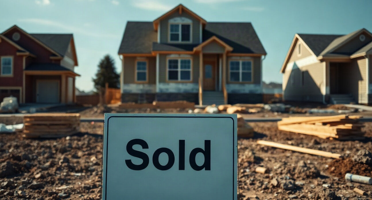 A 'Sold' sign in front of a new house under construction, reflecting a decline in new home sales.
