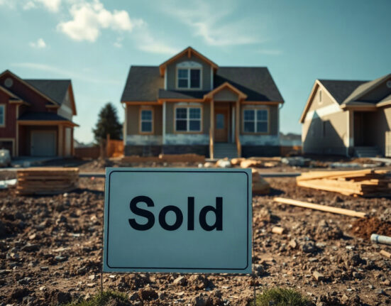 A 'Sold' sign in front of a new house under construction, reflecting a decline in new home sales.