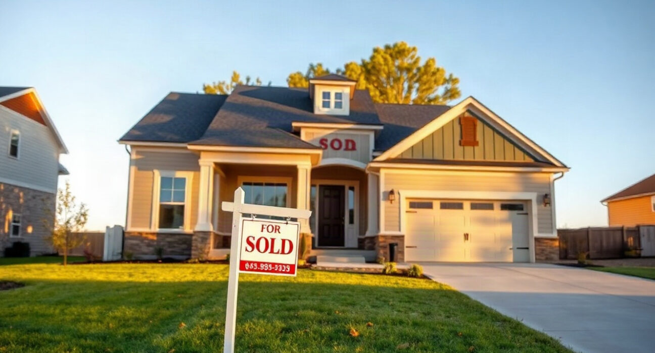 Newly built home with a sold sign in front, representing US new home sales data for July.