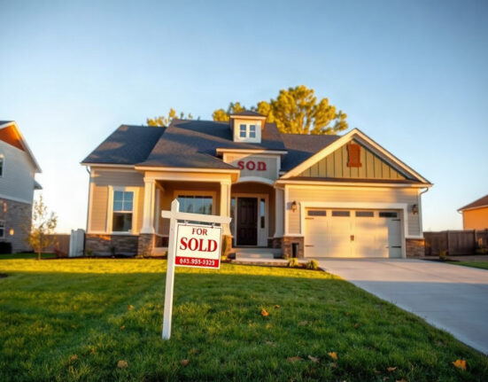 Newly built home with a sold sign in front, representing US new home sales data for July.