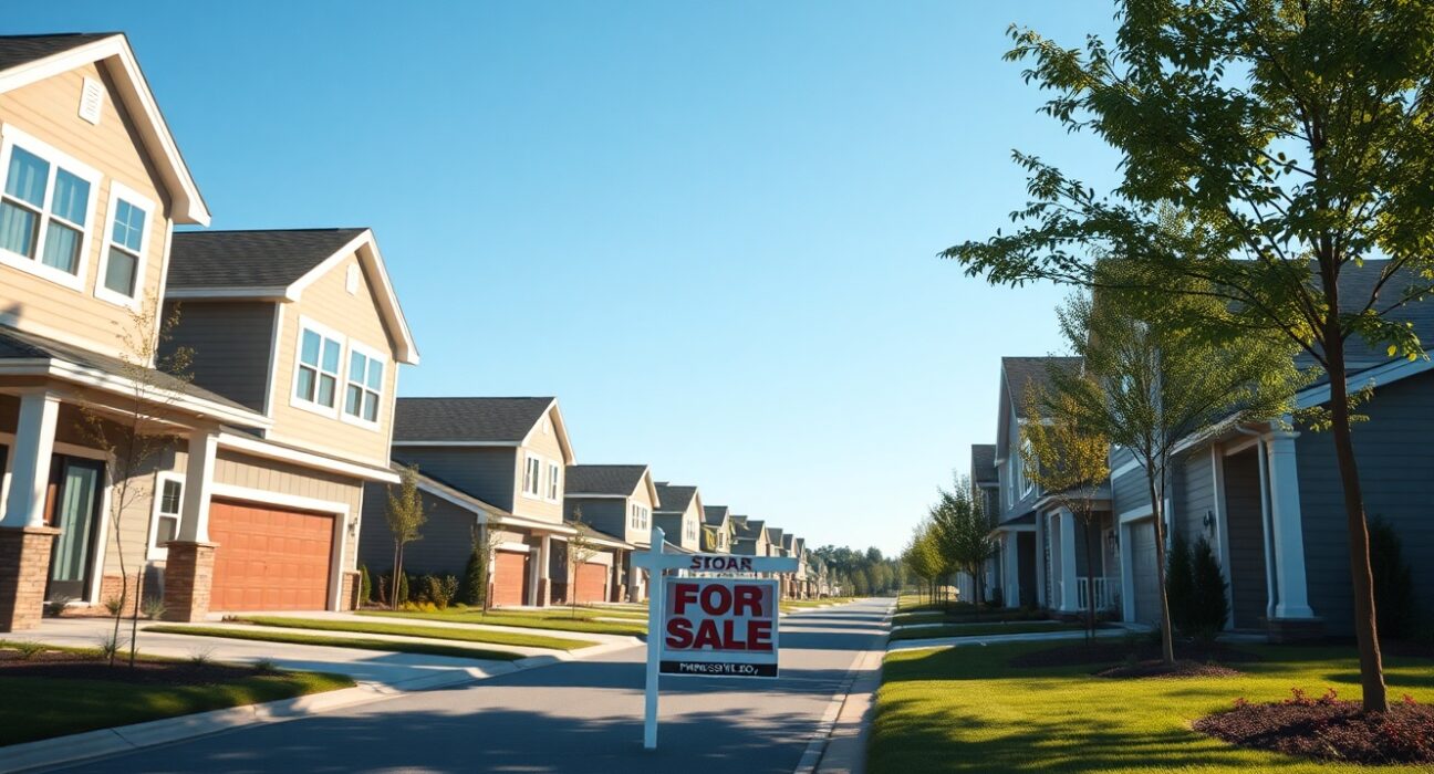 Newly built homes in a suburban US neighborhood with a for sale sign in the foreground on a sunny day.
