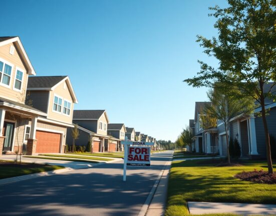 Newly built homes in a suburban US neighborhood with a for sale sign in the foreground on a sunny day.