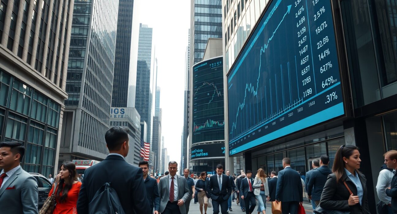Commuters in a US city pass a digital financial data board showing positive job market trends