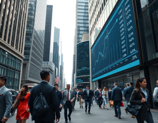 Commuters in a US city pass a digital financial data board showing positive job market trends
