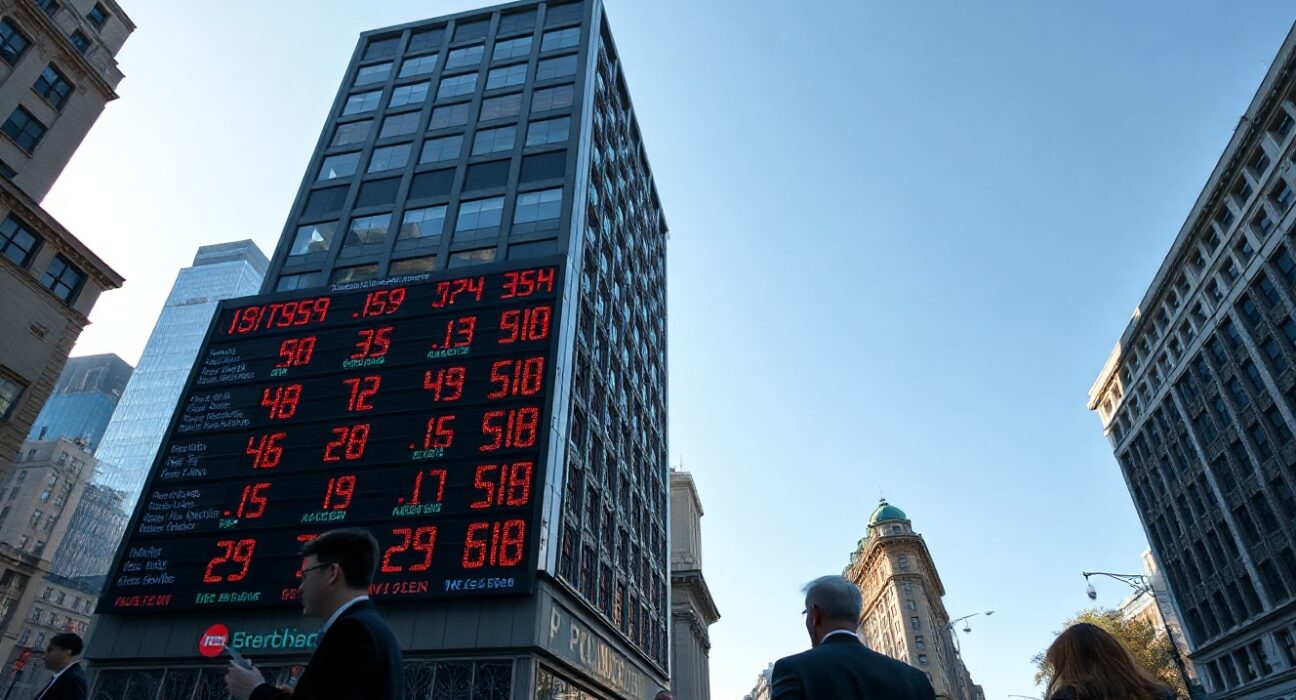 City street with digital stock ticker board showing financial data