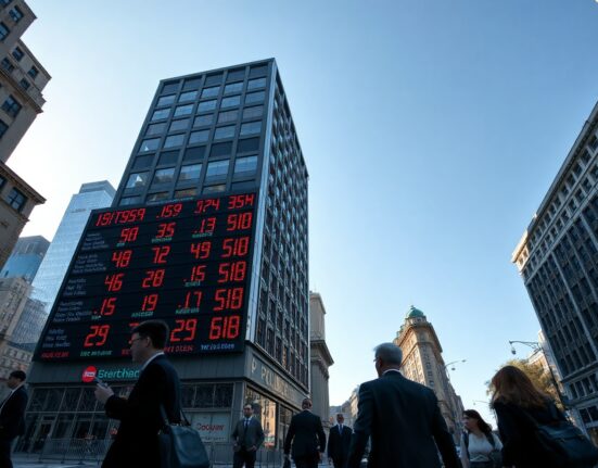City street with digital stock ticker board showing financial data