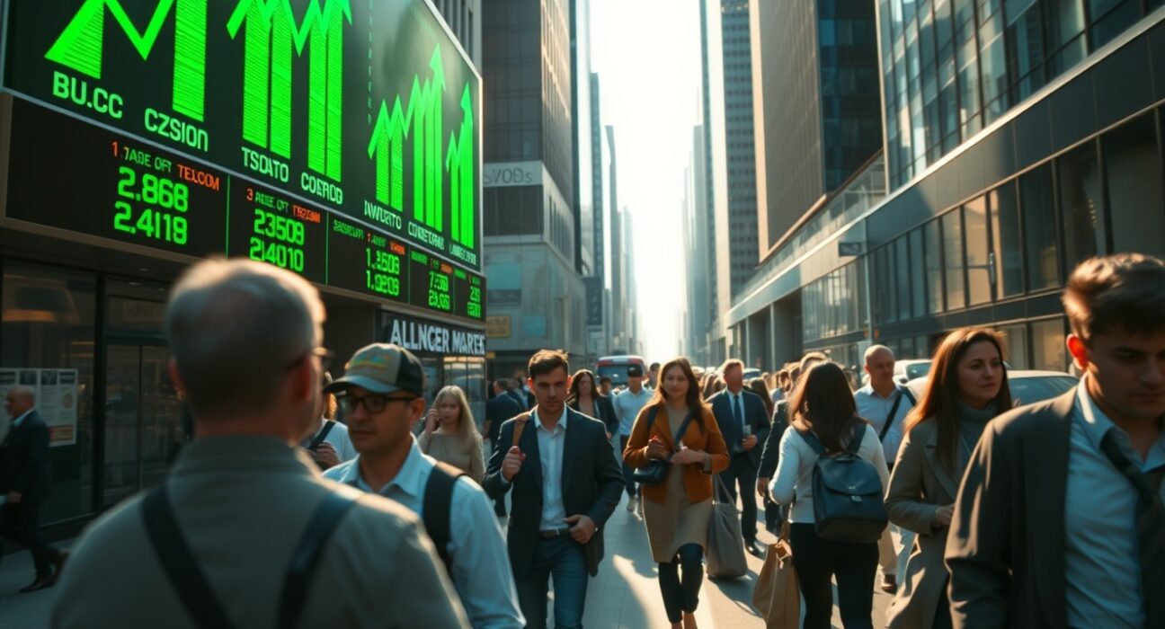 Commuters walking past a digital stock display in a US financial district during morning rush hour