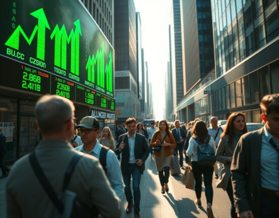 Commuters walking past a digital stock display in a US financial district during morning rush hour
