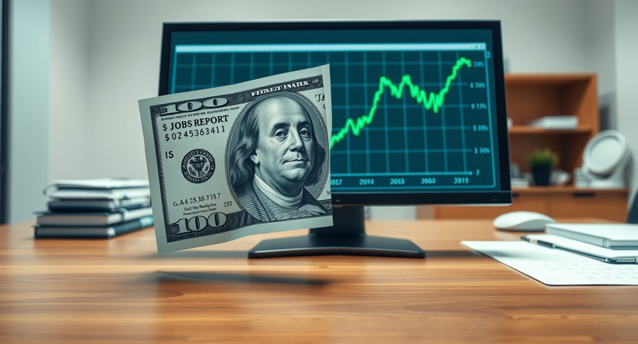 US Dollar banknote and jobs report chart on a desk representing market reaction to Nonfarm Payrolls data.