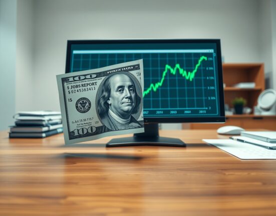 US Dollar banknote and jobs report chart on a desk representing market reaction to Nonfarm Payrolls data.