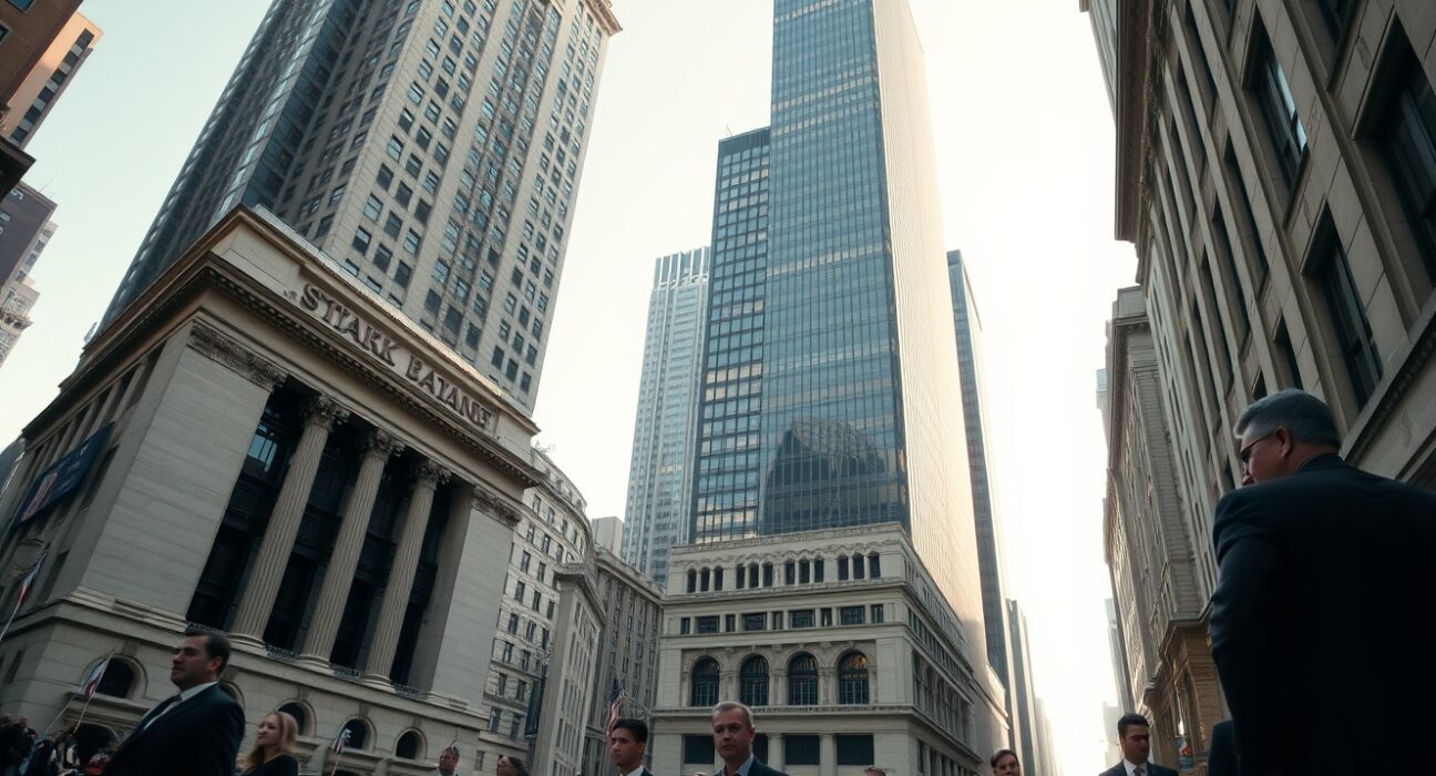 Busy financial district street with professionals walking near office buildings under a clear sky