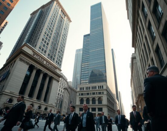 Busy financial district street with professionals walking near office buildings under a clear sky