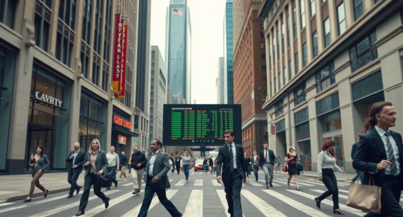 Professionals walking past a digital stock ticker board in a US city during a weekday commute