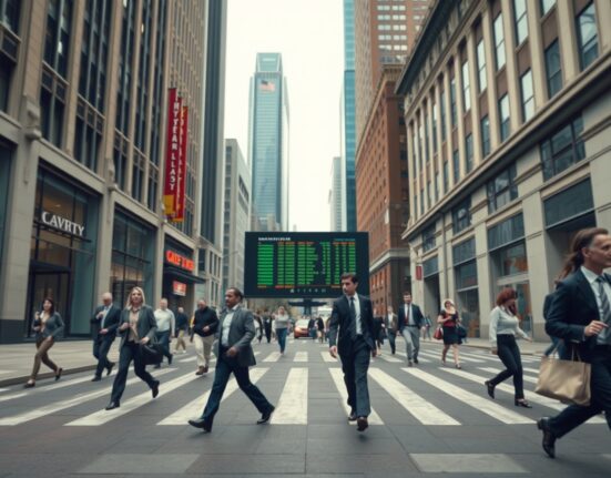 Professionals walking past a digital stock ticker board in a US city during a weekday commute