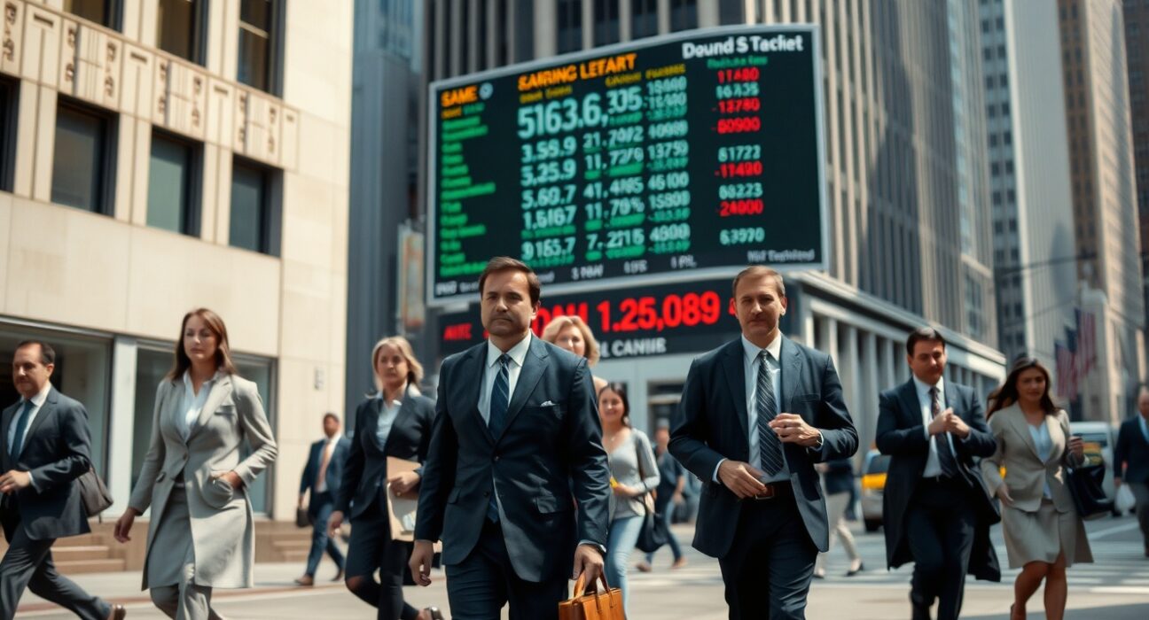 Busy city street with professionals walking past a digital stock ticker displaying economic data