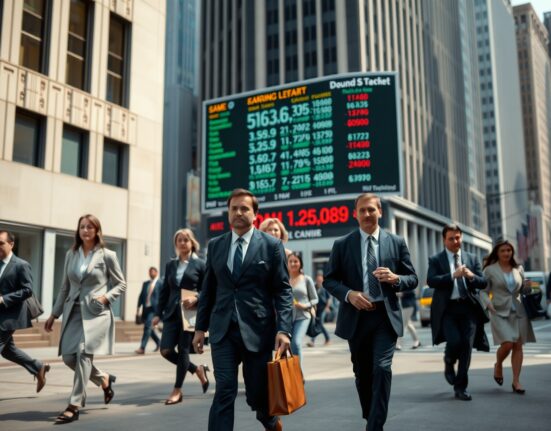 Busy city street with professionals walking past a digital stock ticker displaying economic data