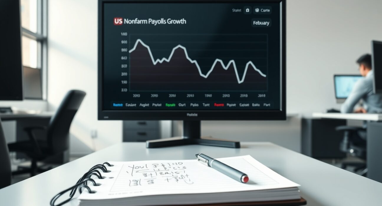 Economic data dashboard showing US Nonfarm Payrolls growth chart for February employment report