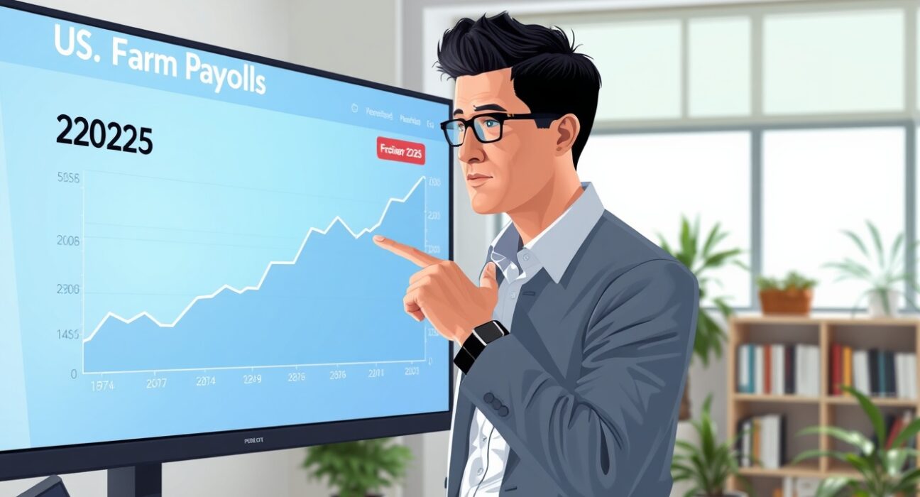 Analyst reviews US Nonfarm Payrolls data chart showing projected February 2025 job growth.