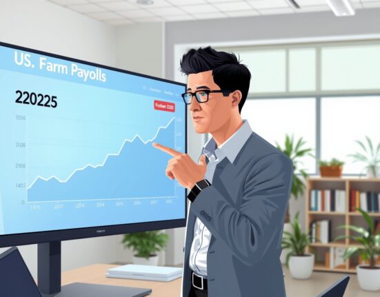 Analyst reviews US Nonfarm Payrolls data chart showing projected February 2025 job growth.