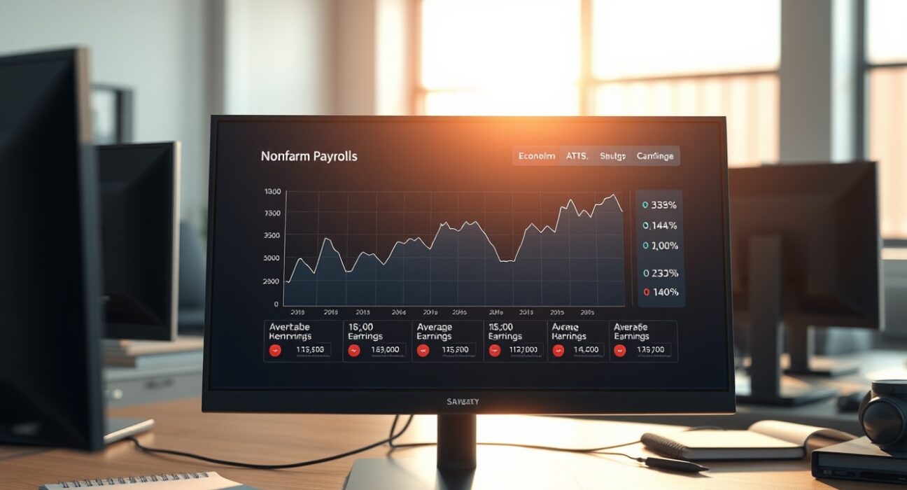 Economic data dashboard showing the latest US Nonfarm Payrolls and labor market trends for February