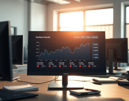 Economic data dashboard showing the latest US Nonfarm Payrolls and labor market trends for February