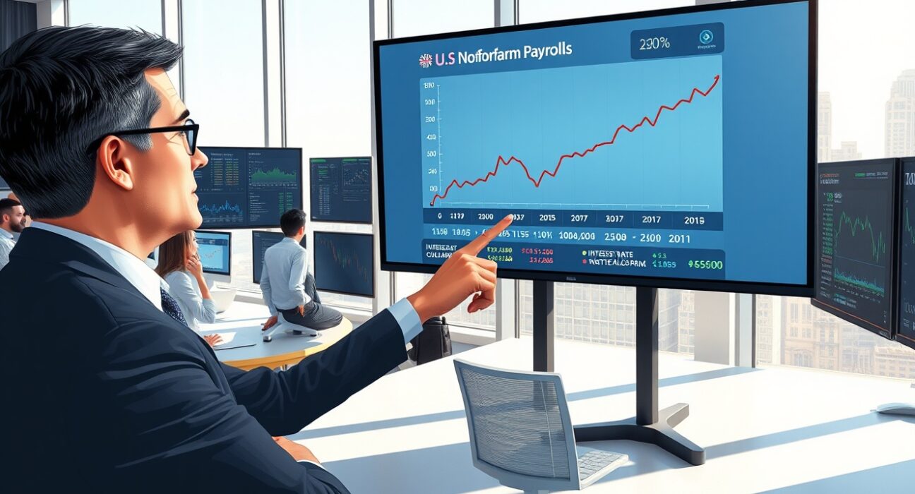 Analyst examines US Nonfarm Payrolls data and Federal Reserve rate projections on financial screens