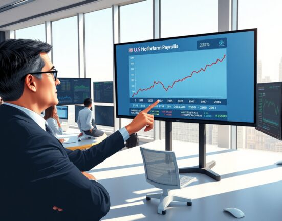 Analyst examines US Nonfarm Payrolls data and Federal Reserve rate projections on financial screens