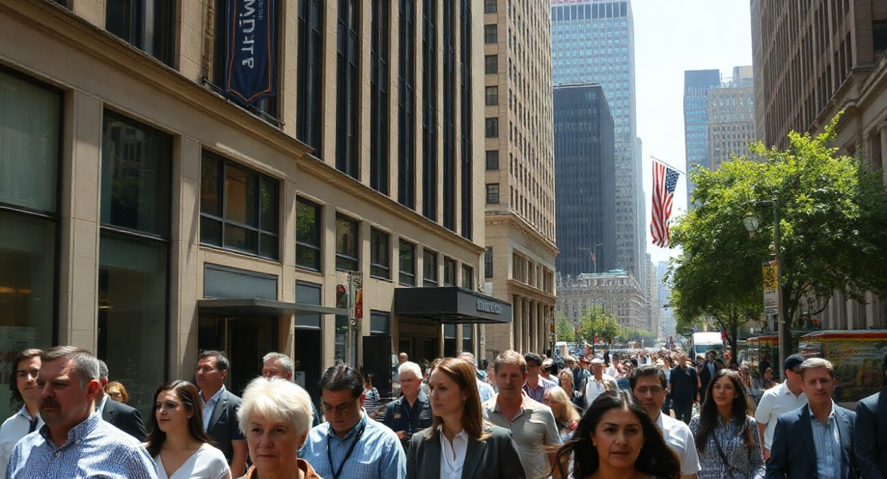 Busy city street with pedestrians and office buildings, representing US job market activity