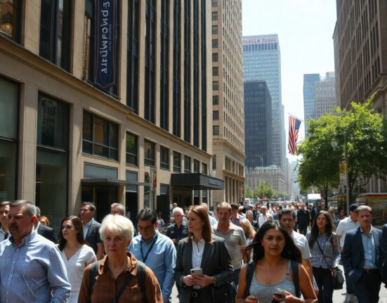 Busy city street with pedestrians and office buildings, representing US job market activity