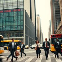 Commuters walking in a US financial district during a weekday, representing the June jobs report miss