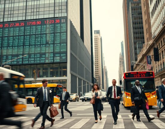 Commuters walking in a US financial district during a weekday, representing the June jobs report miss